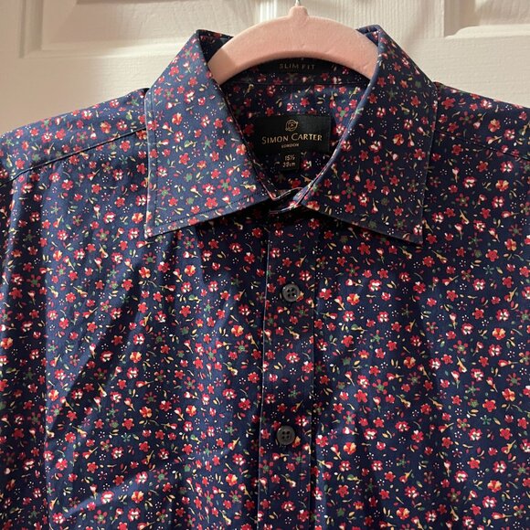Simon Carter London Button Down Designer Dress Shirt Red Flower Christmas Medium - Picture 4 of 7